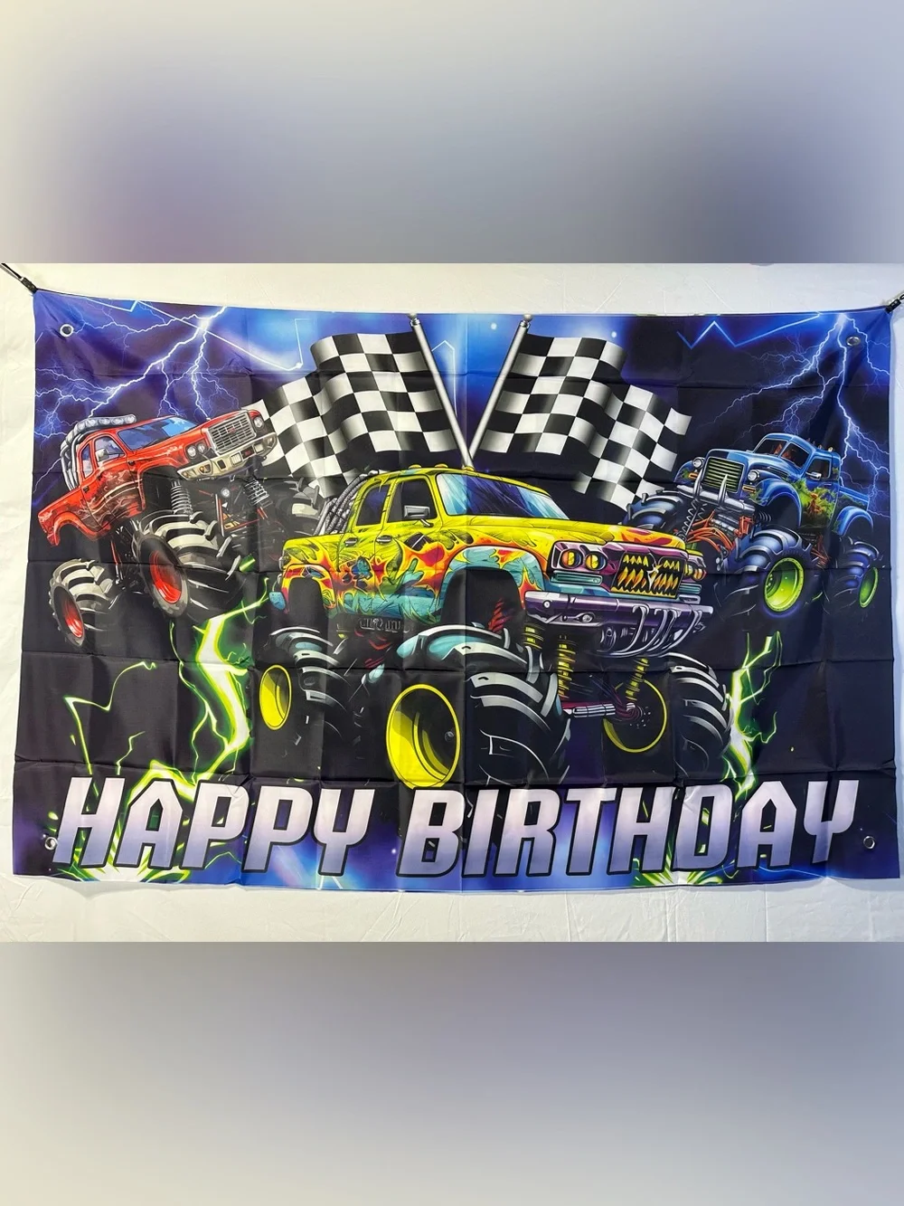 Monster Truck Happy Birthday Backdrop Banner 5x3Ft.